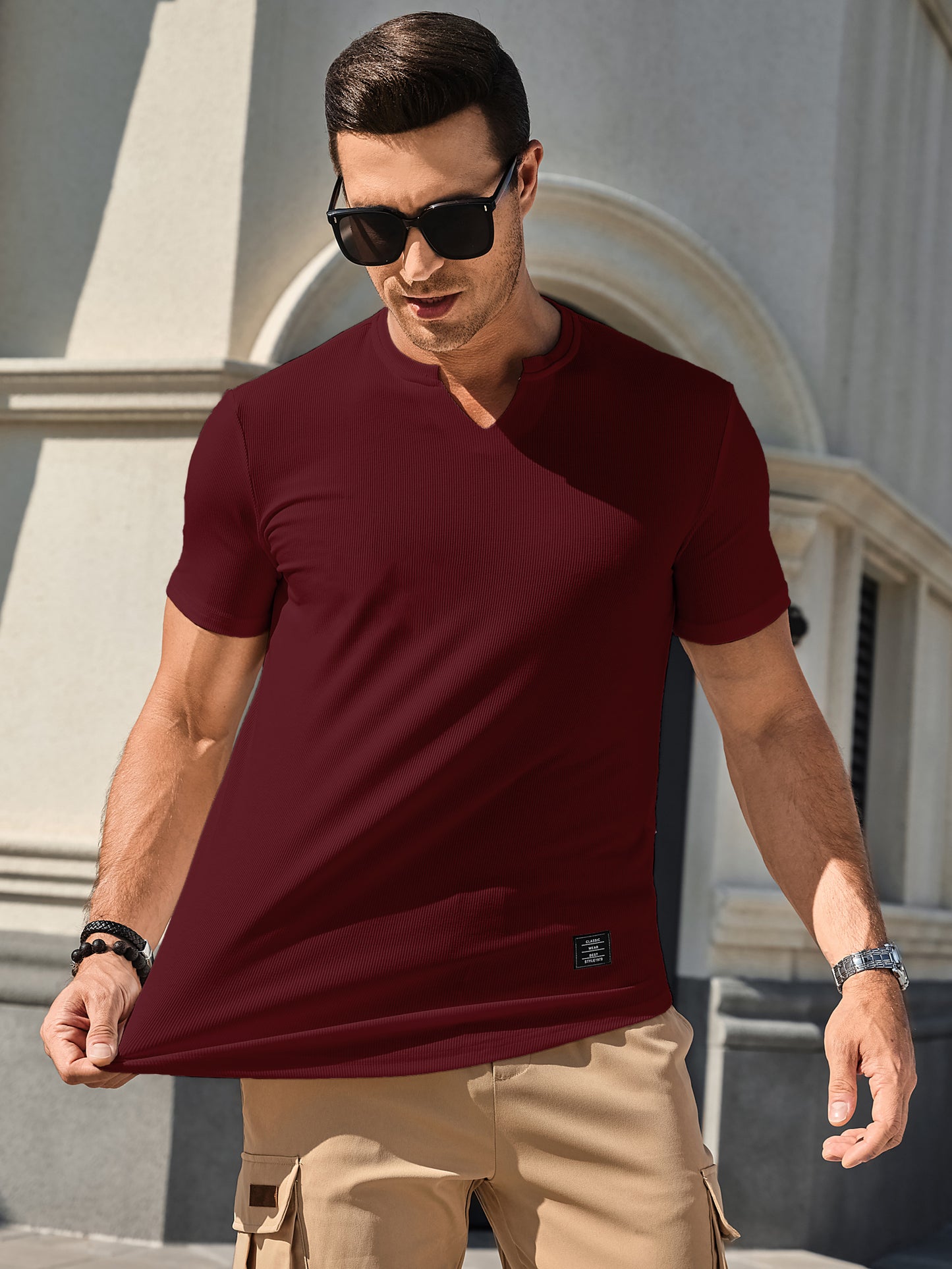 Mens T-Shirts Short Sleeve V Neck Henley Shirt Muscle Fit Gym Workout Athletic Fresh Clean Classic Tees