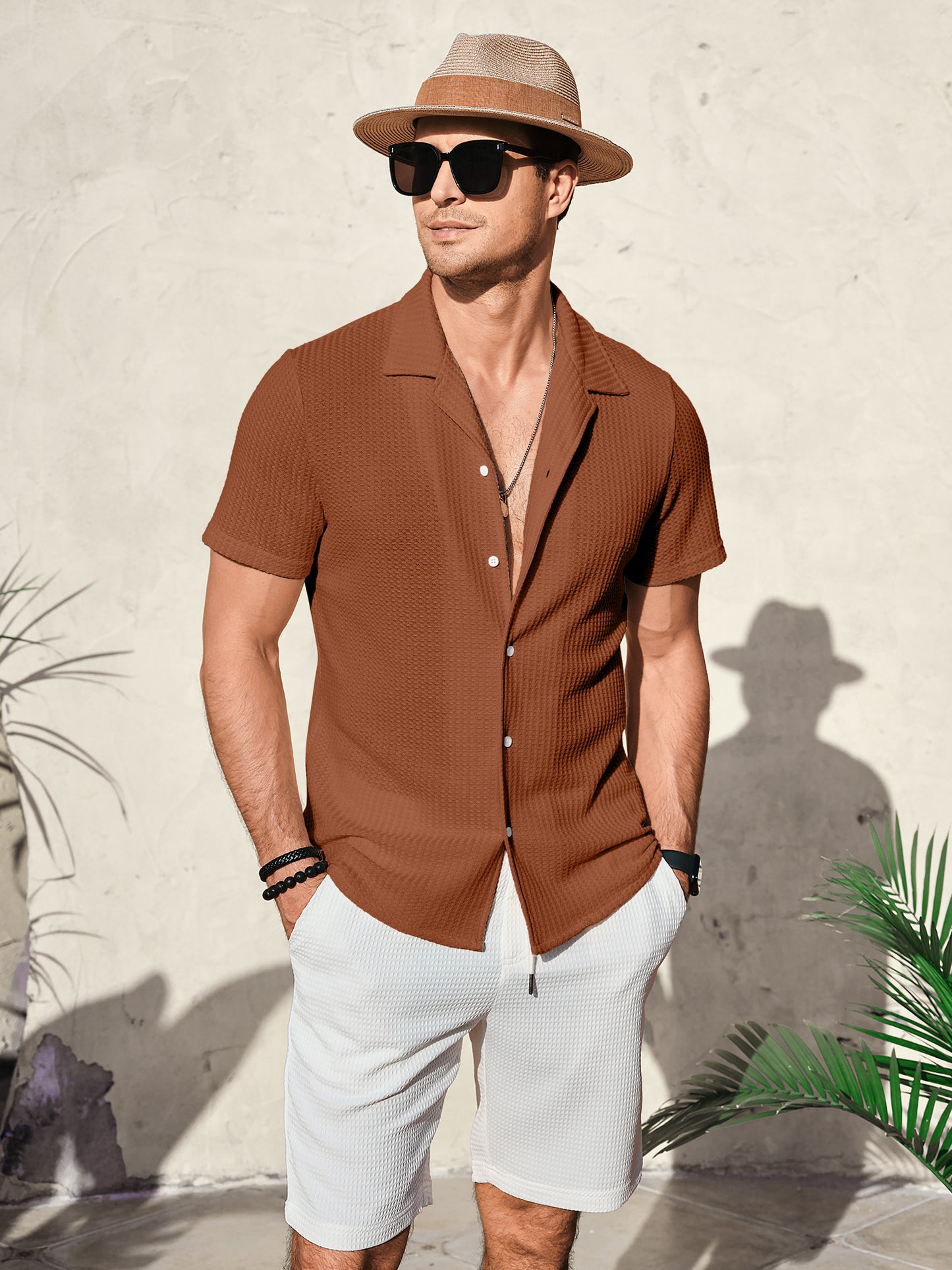 Men's Knit Polo Shirts Button Down Short Sleeve Casual Summer Beach Vintage Waffle Shirts for Men