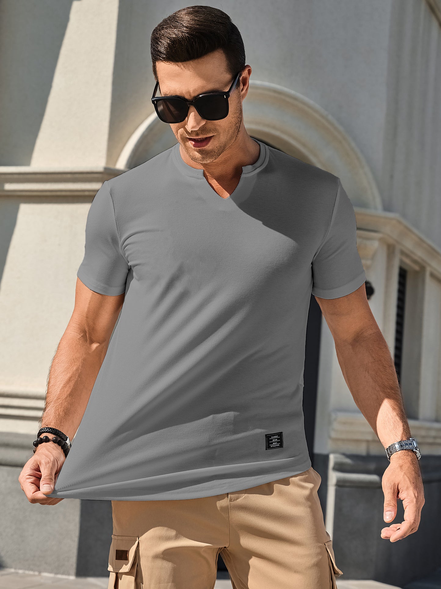 Mens T-Shirts Short Sleeve V Neck Henley Shirt Muscle Fit Gym Workout Athletic Fresh Clean Classic Tees