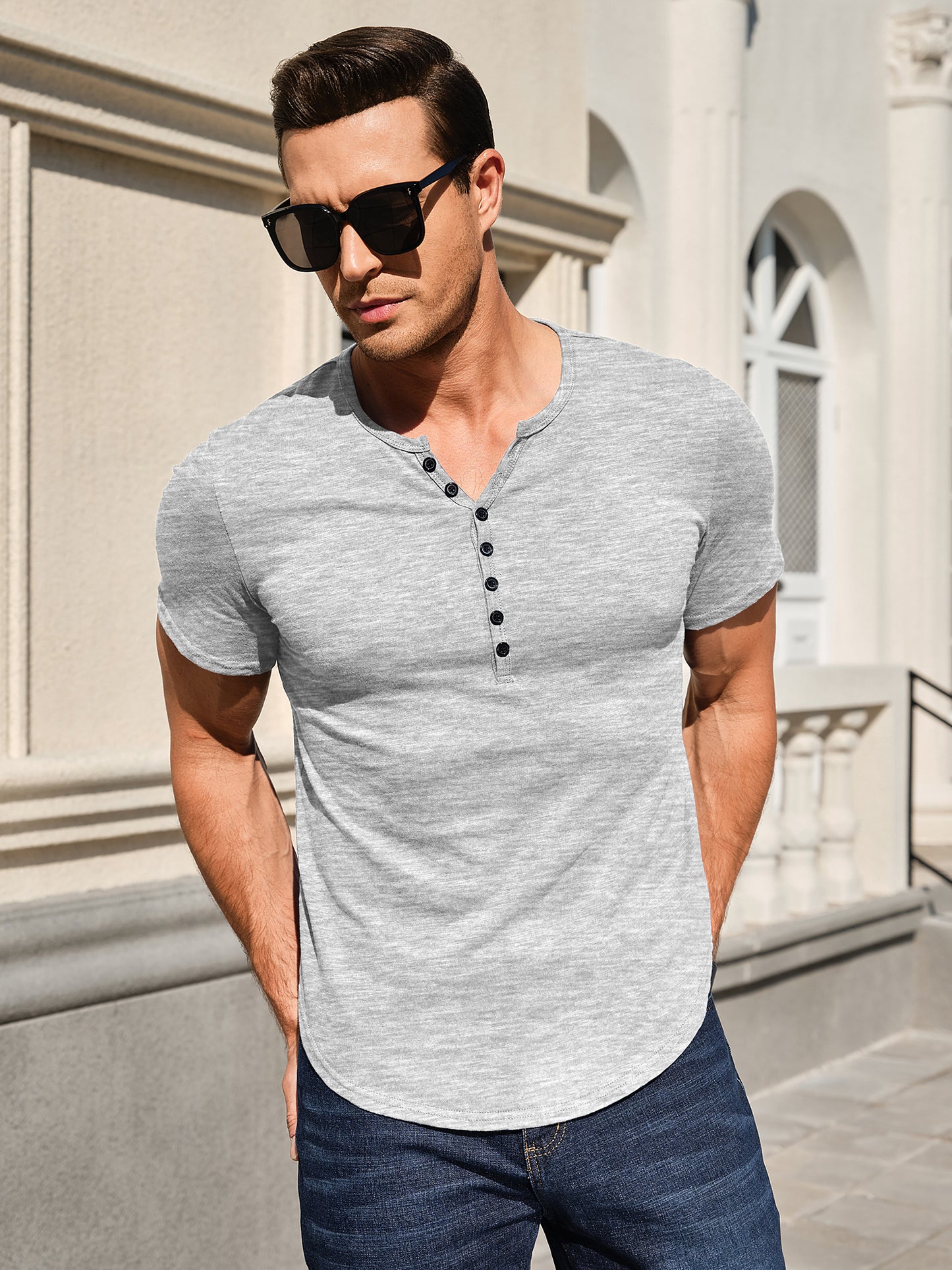 Men's Henley Shirts Kint Short Sleeve Muscle Fit Shirts Vintage Casual Button V Neck T-Shirts for Men