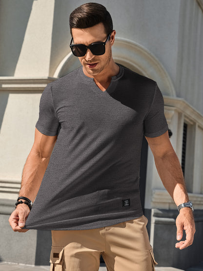 Mens T-Shirts Short Sleeve V Neck Henley Shirt Muscle Fit Gym Workout Athletic Fresh Clean Classic Tees