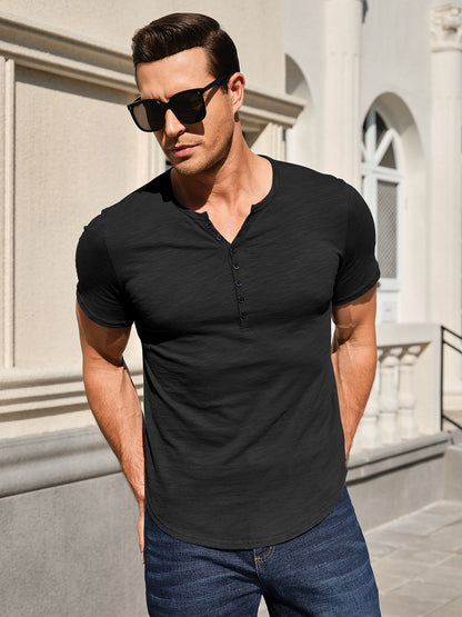 Men's Henley Shirts Kint Short Sleeve Muscle Fit Shirts Vintage Casual Button V Neck T-Shirts for Men