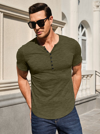 Men's Henley Shirts Kint Short Sleeve Muscle Fit Shirts Vintage Casual Button V Neck T-Shirts for Men