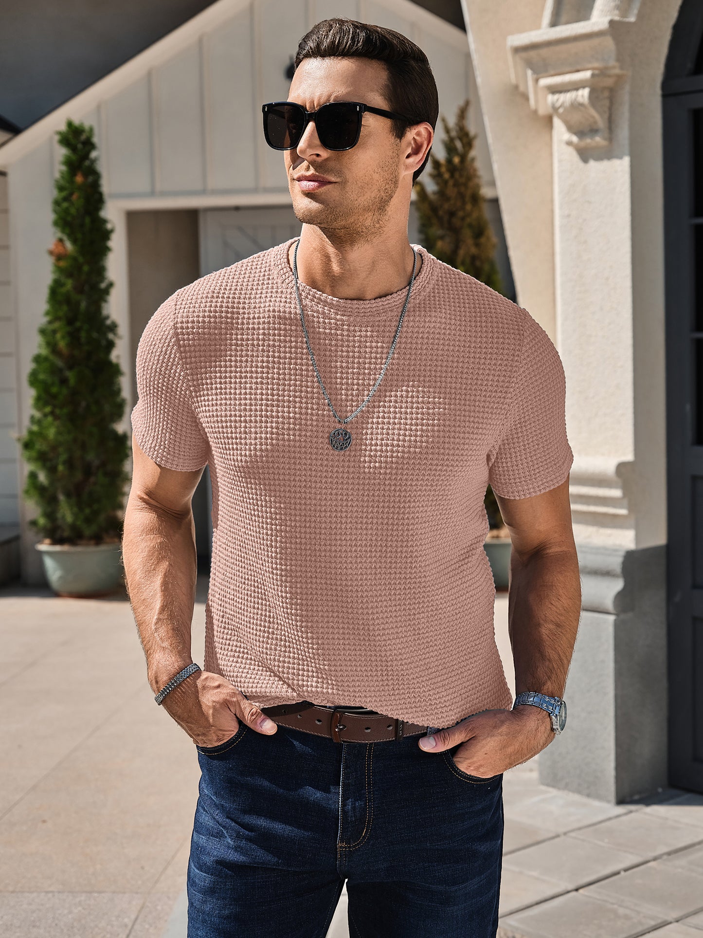 Men's Casual T-Shirt Short Sleeve Crew Neck See Through Soft Knit Tee Shirts Summer Beach Mesh Waffle Textured Tops