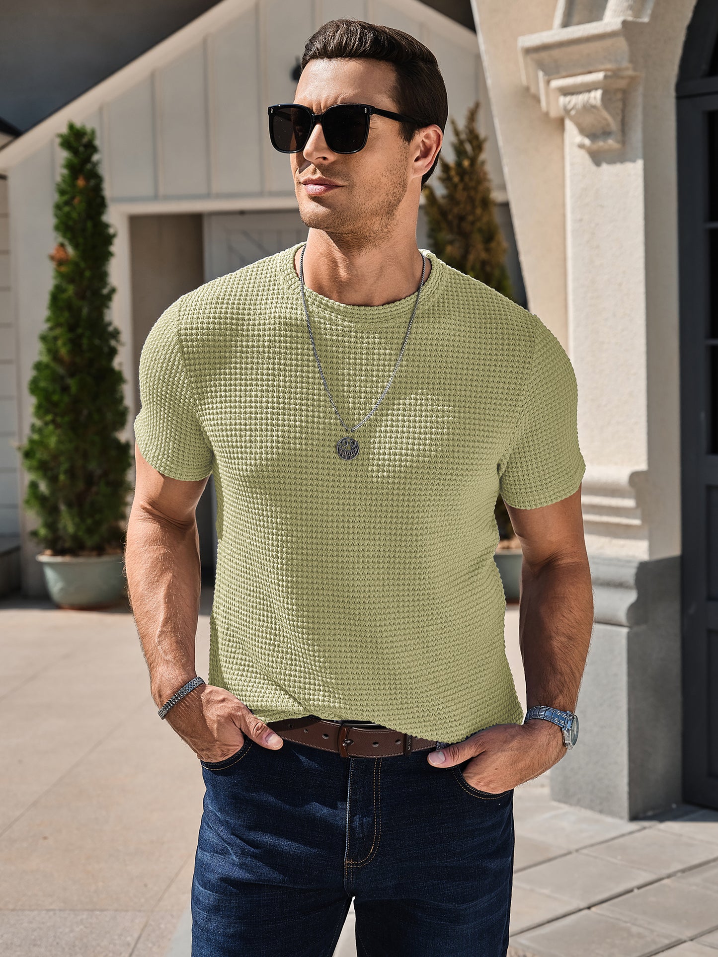 Men's Casual T-Shirt Short Sleeve Crew Neck See Through Soft Knit Tee Shirts Summer Beach Mesh Waffle Textured Tops