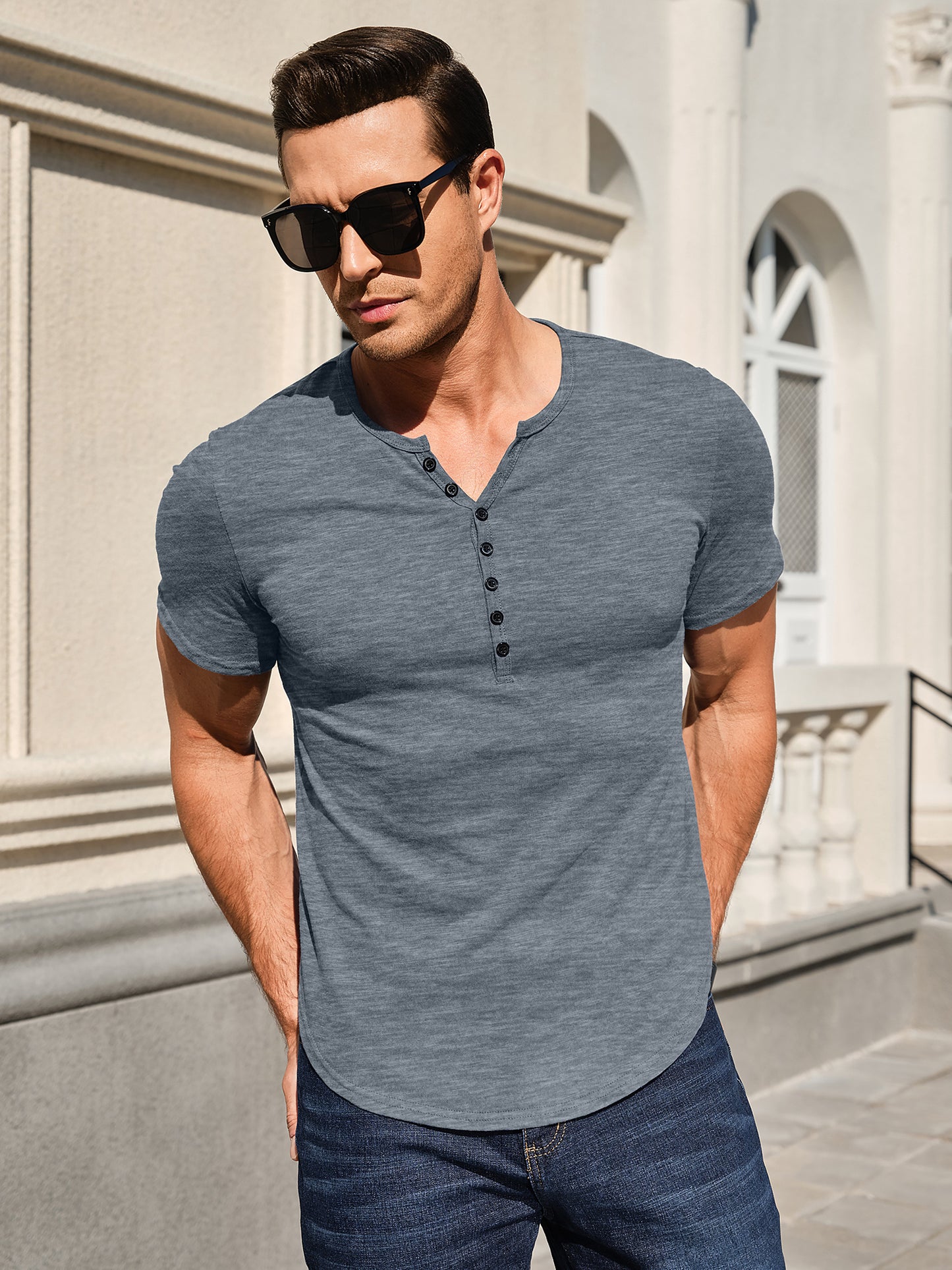 Men's Henley Shirts Kint Short Sleeve Muscle Fit Shirts Vintage Casual Button V Neck T-Shirts for Men