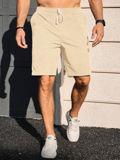 Men's Shorts Casual Corduroy Drawstring Elastic Waist Lightweight Summer Beach Shorts Loose Fit