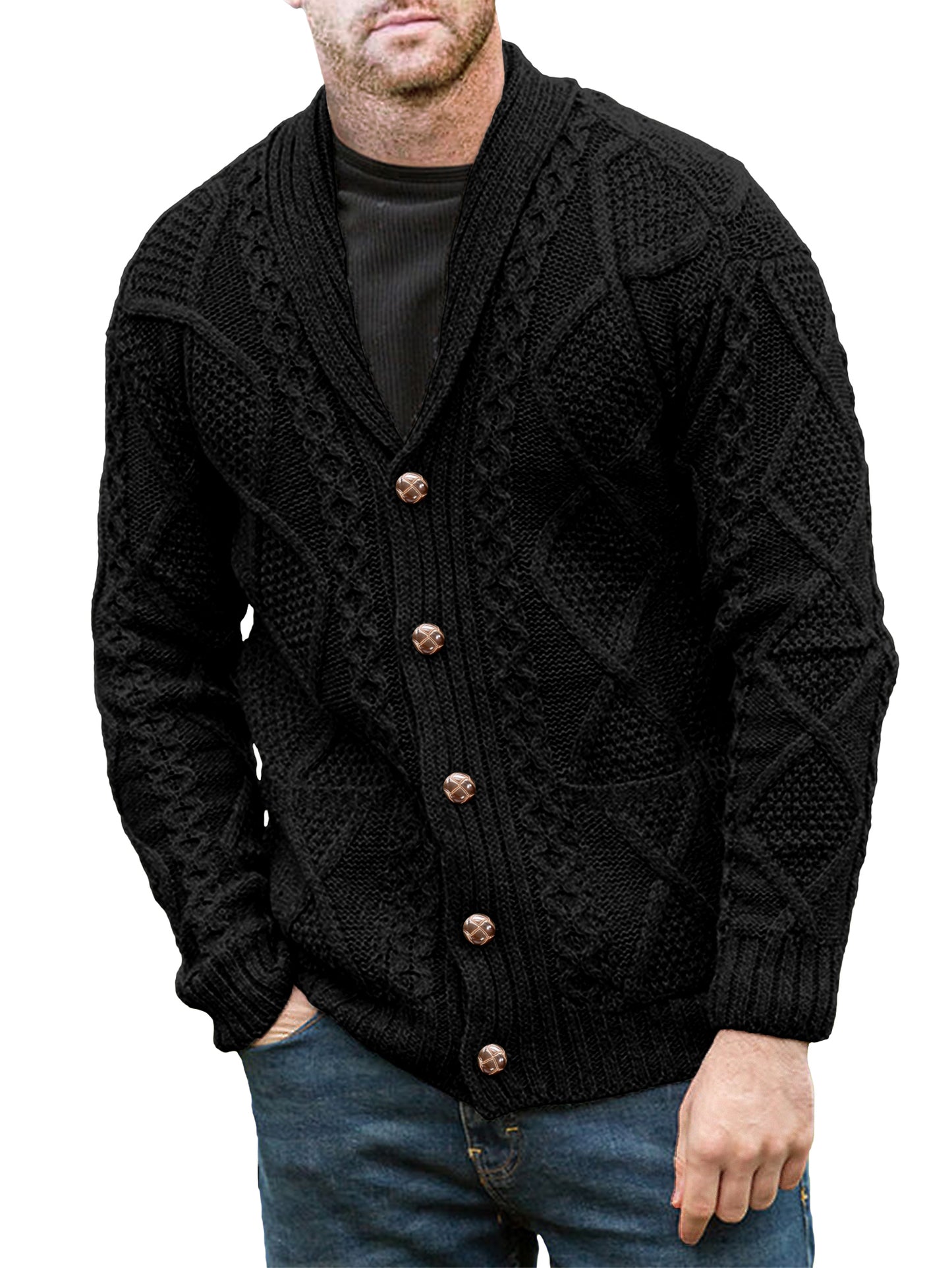 Comdecevis Men's V Neck Cable Cardigan Sweaters Casual Long Sleeve Button Down Knit Cardigans Coat with Pockets