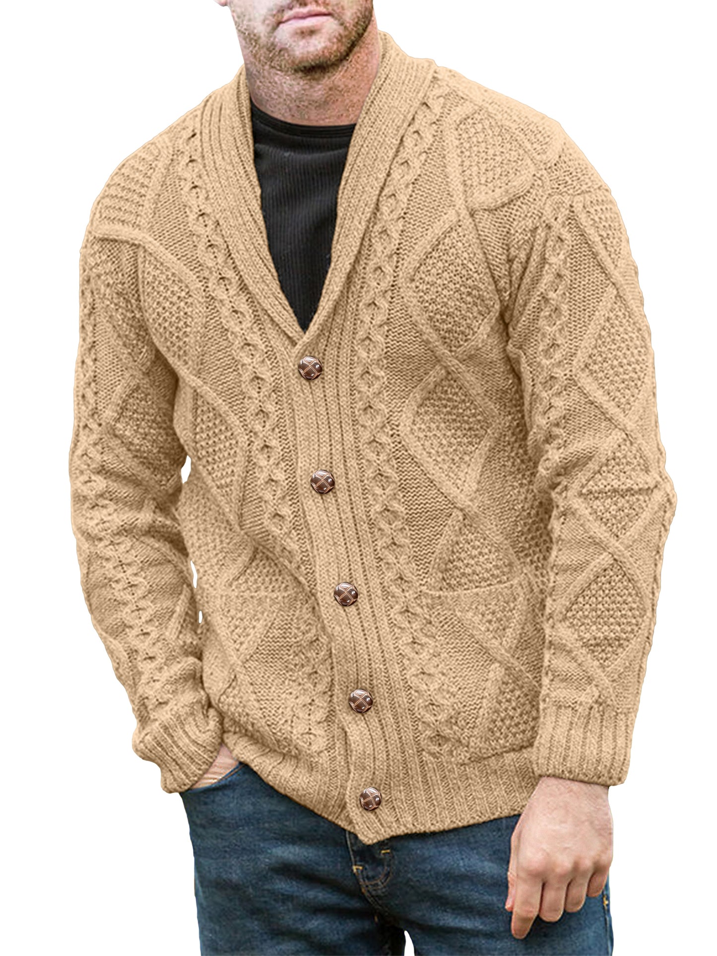 Comdecevis Men's V Neck Cable Cardigan Sweaters Casual Long Sleeve Button Down Knit Cardigans Coat with Pockets