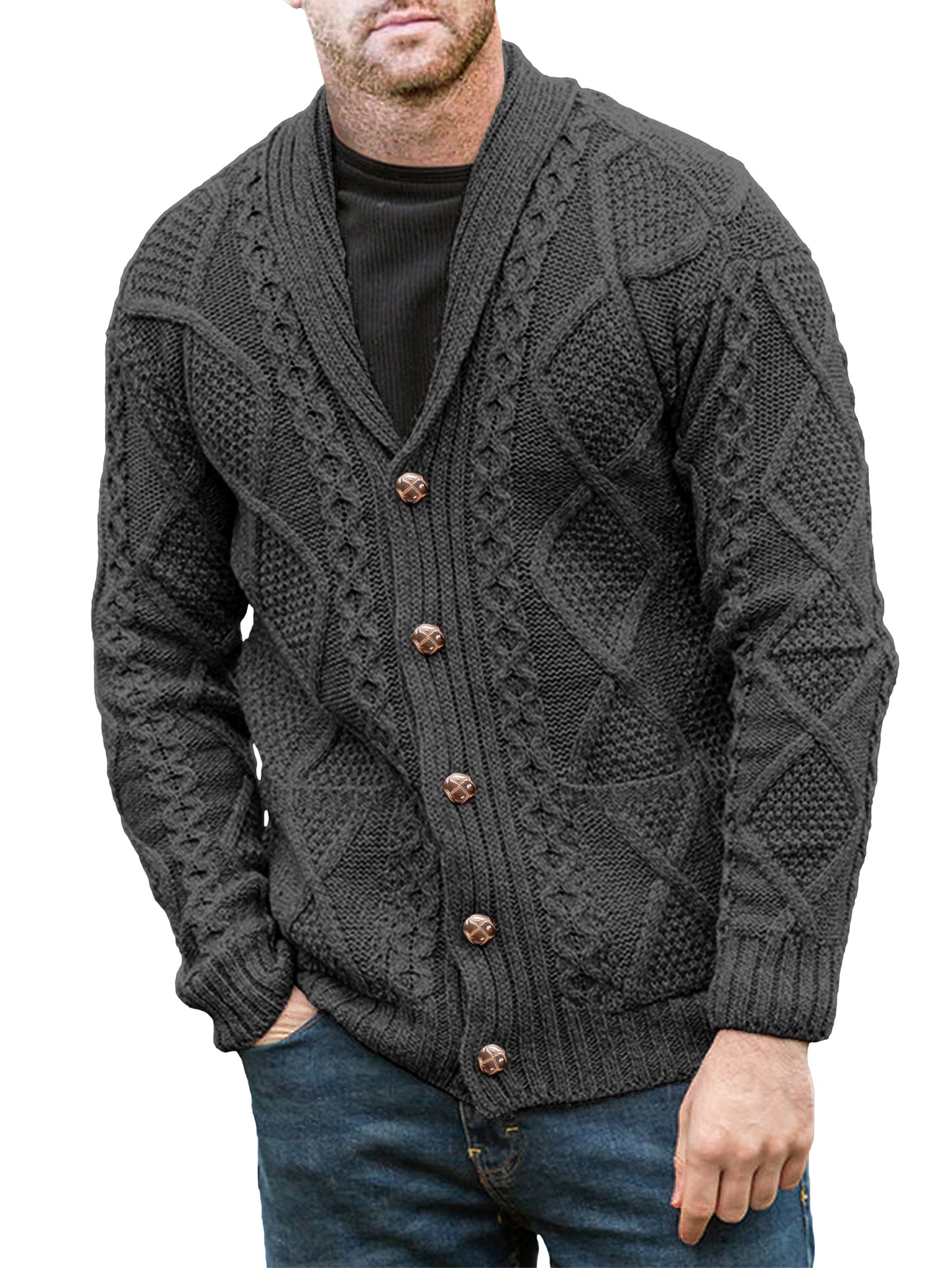 Comdecevis Men's V Neck Cable Cardigan Sweaters Casual Long Sleeve Button Down Knit Cardigans Coat with Pockets