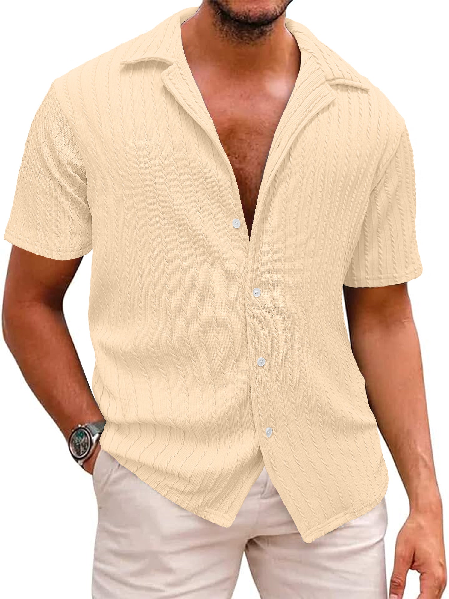 Comdecevis Men's Button Down Knit Shirts Short Sleeve Vintage Textured